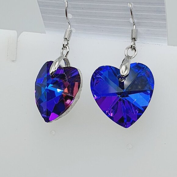 Iridescent Blue & Purple Crystal Heart Dangle Earrings, AZFA1185 - Picture 1 of 6